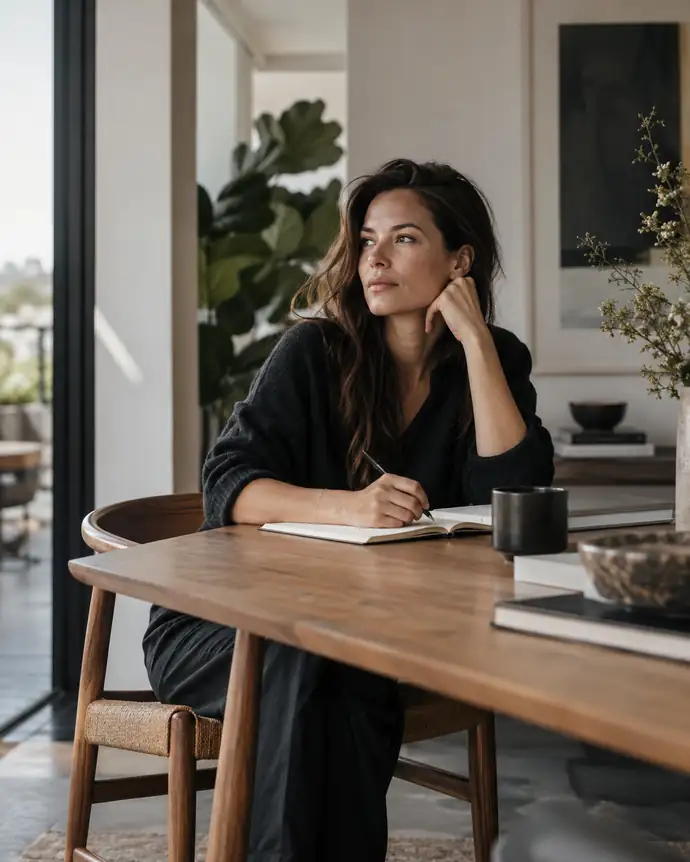 Vrouw met los donker haar aan tafel, schrijfboek op tafel in modern interieur
